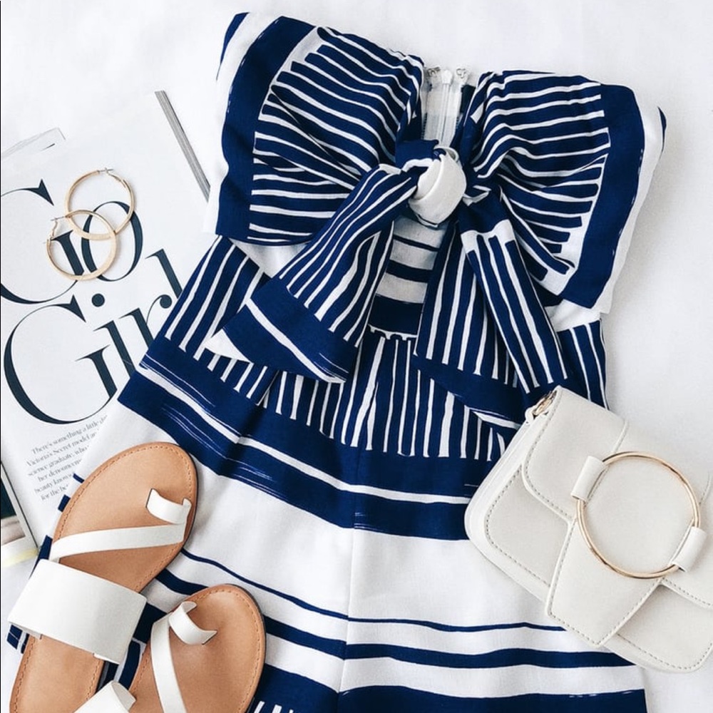 Lulus Delphi Striped tie front strapless romper